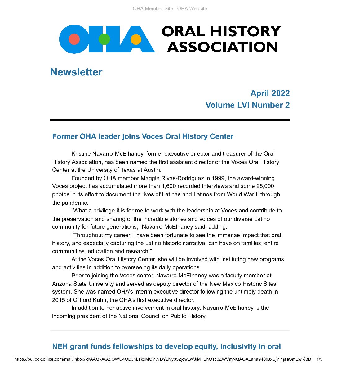 2022 April Newsletter Oral History Association 