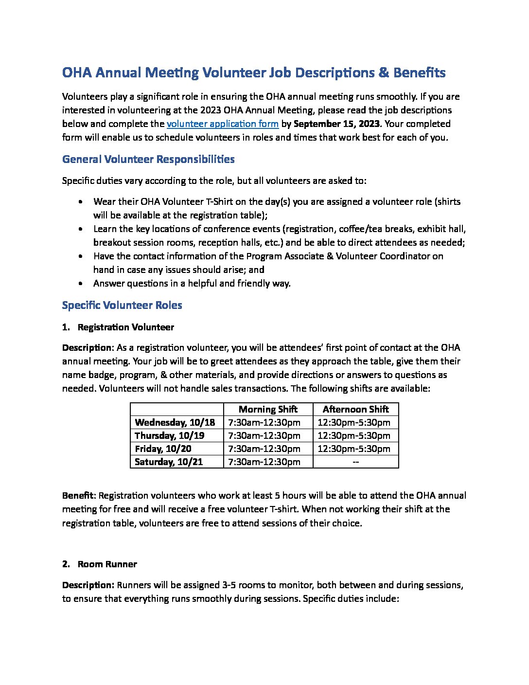 OHA Annual Meeting Volunteer Job Descriptions Oral History Association