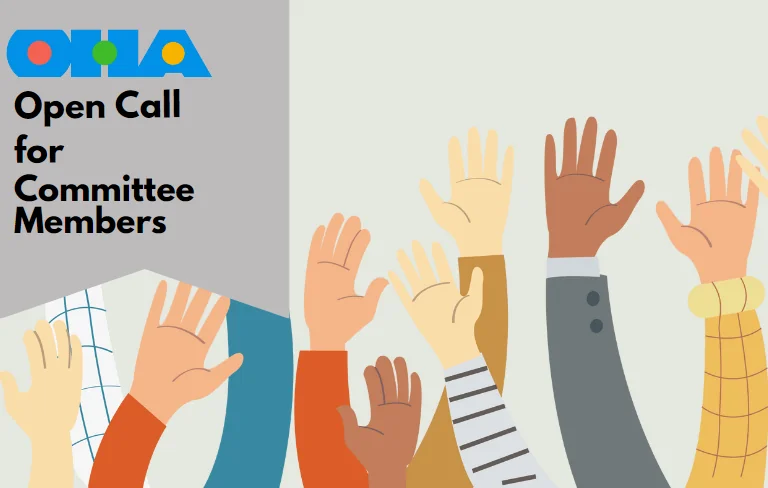 Illustration of diverse raised hands next to a banner with colorful ‘ONLIA’ logo and the text “Open Call for Committee Members.”.