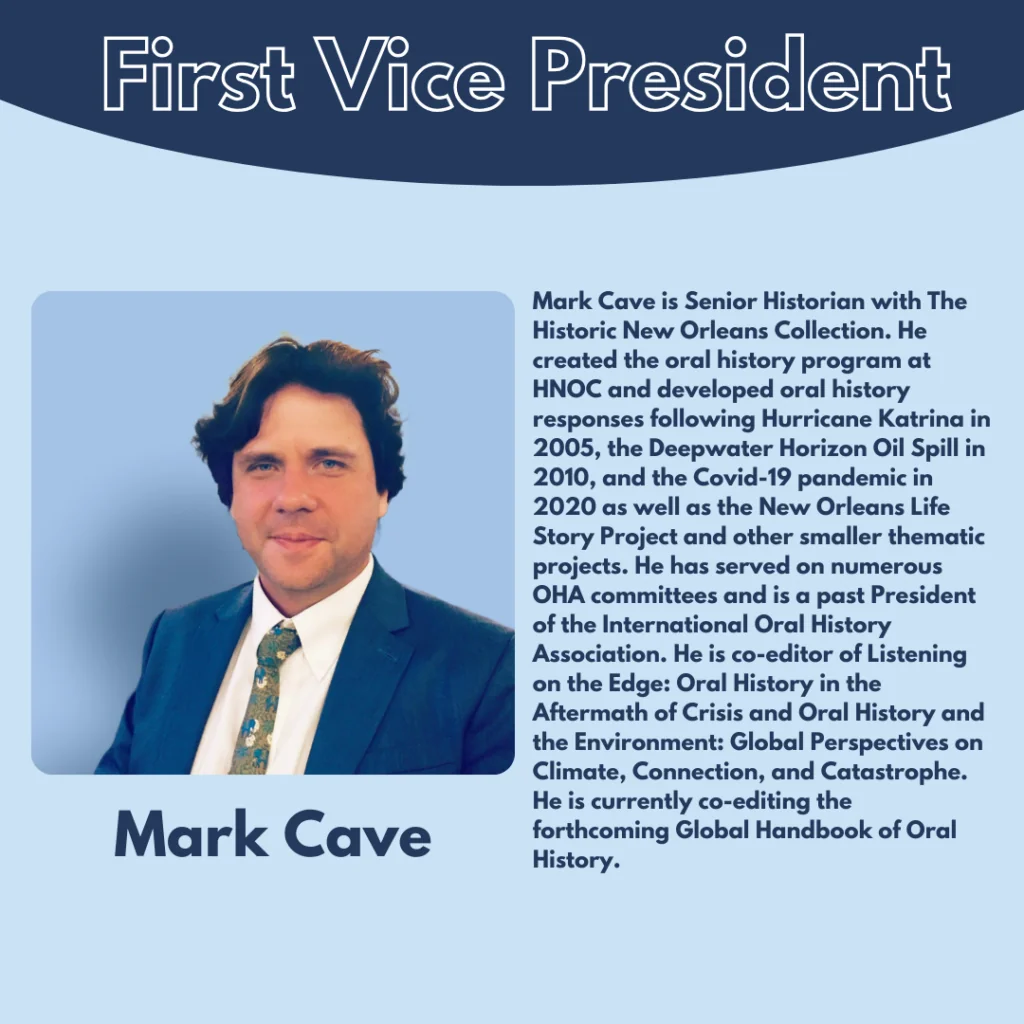 A formal portrait of Mark Cave, wearing a suit and tie, is shown next to a detailed biography about his work as Senior Historian at The Historic New Orleans Collection and his leadership in oral history organizations.