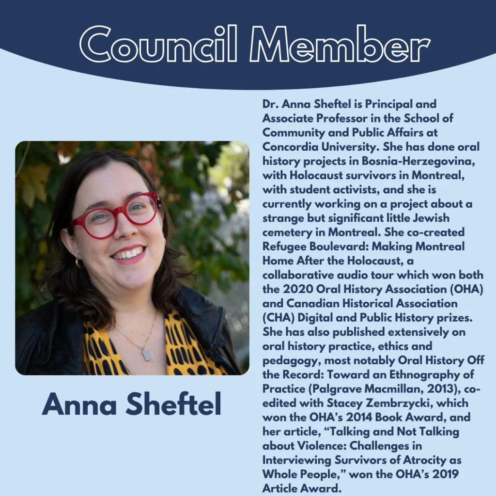 A woman with long brown hair, red-framed glasses, and red lipstick smiles at the camera. She wears a dark blazer over a floral top. Text about Dr. Anna Sheftel’s academic background and projects appears beside her.
