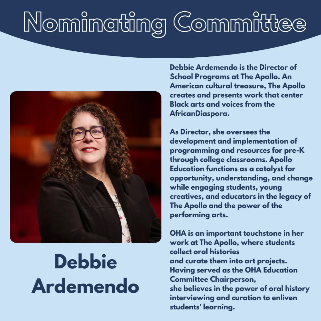 A woman with curly hair and glasses smiles, standing in front of a blue background. Text highlights Debbie Ardemendo as Director of School Programs at The Apollo and her role in arts education and oral history initiatives.