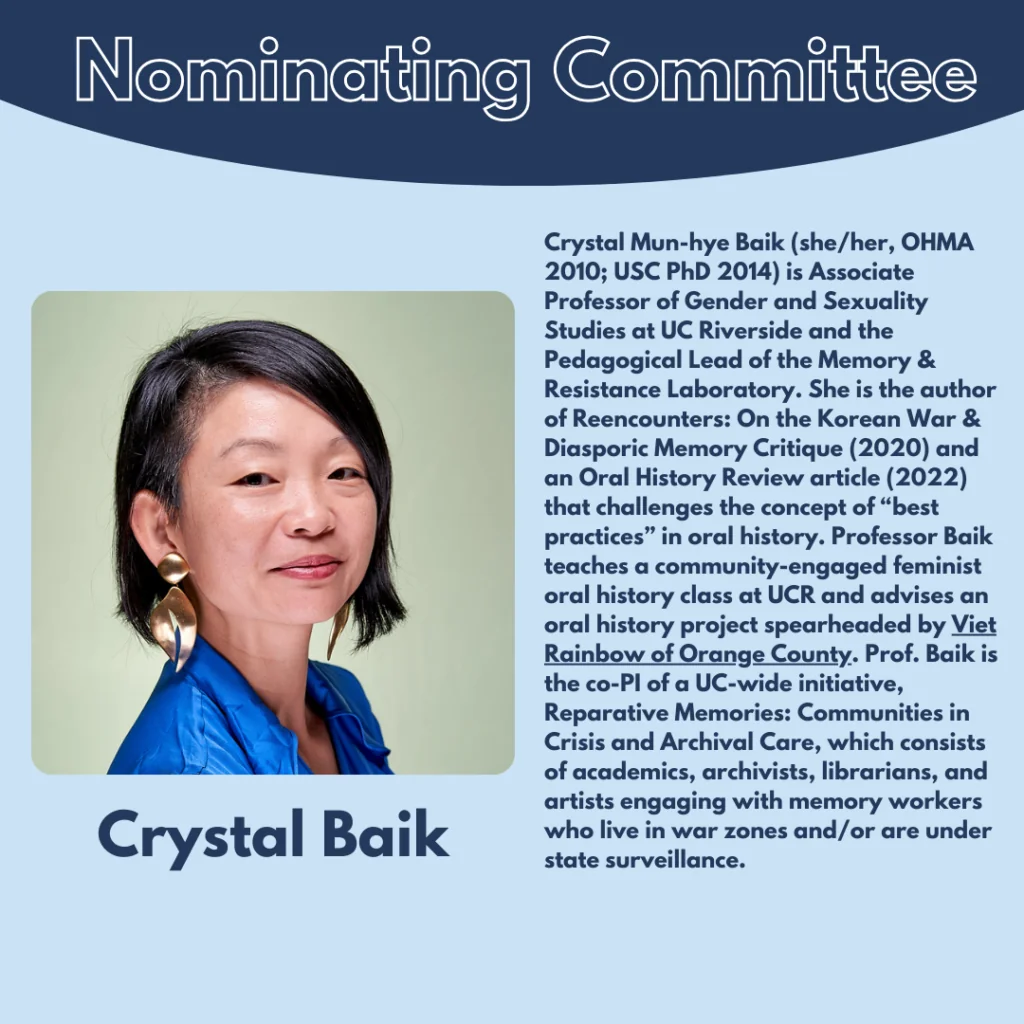 A headshot of Crystal Baik, an Asian woman with short black hair, earrings, and a blue top, set against a blue background with her biography on the right and the heading “Nominating Committee” above.