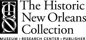 A transparent file of The Historic New Orleans Collection logo. It is all black lettering and below "The Historic New Orleans Collection" is a line that reads: "Museum, Research Center, and Publisher". To the left, is a monogram, where the letters THNOC are arranged vertically and tangled into each other.