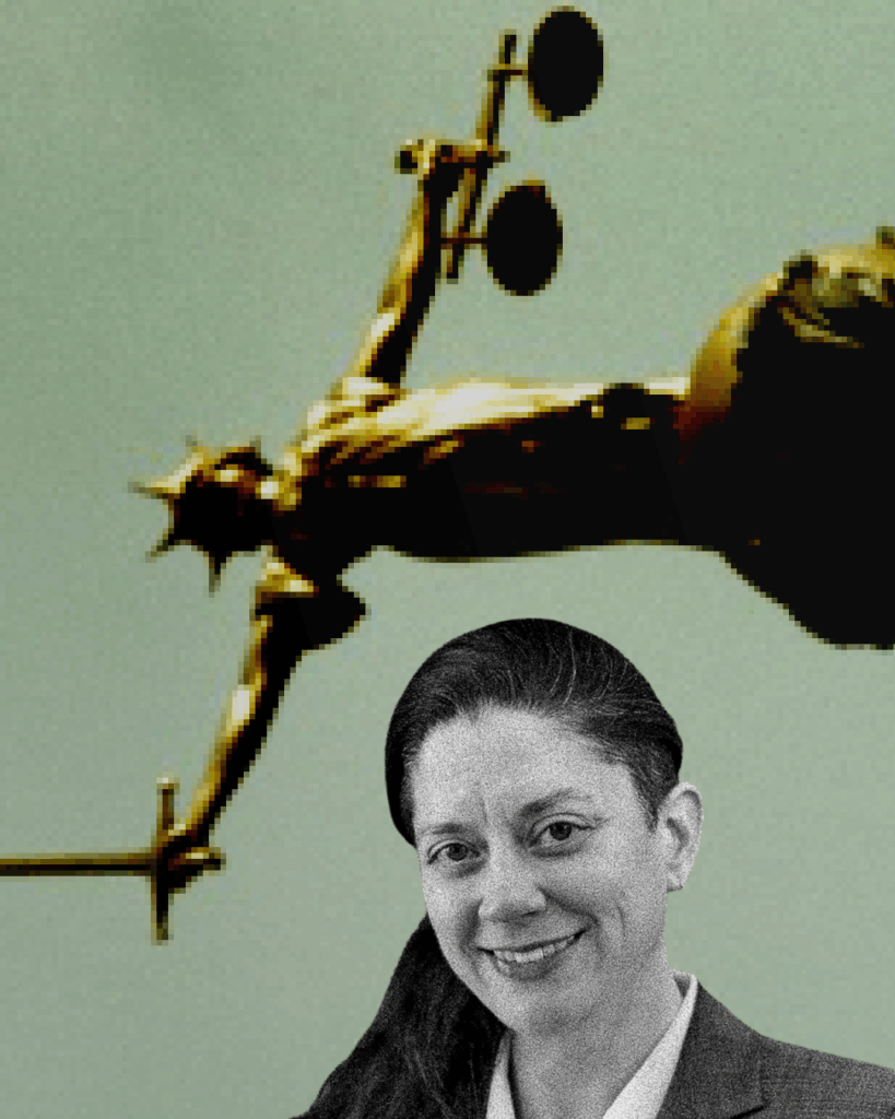 A grayscale portrait of a woman is overlaid on an image of the statue of Lady Justice holding scales, set against a green background.