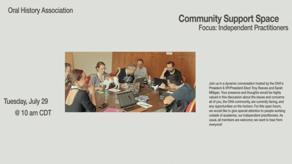 A group of eight people sit around a conference table with laptops and papers, engaged in discussion. The slide text announces a Community Support Space event for independent practitioners on July 29 at 10 am CDT.