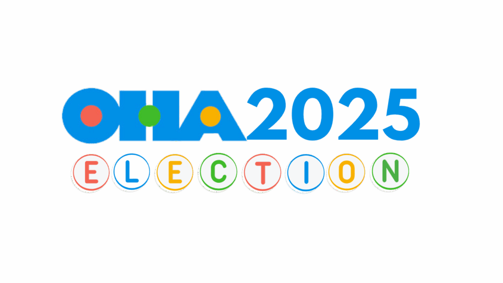 Logo with blue text OHIA 2025 and the word ELECTION below, each letter in a colored circle (red, blue, green, yellow). The “O” and “A” in “OHIA” contain colored dots.