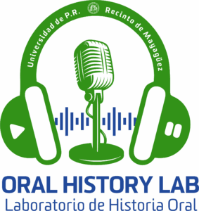 Logo of the Oral History Lab at the University of Puerto Rico, Mayagüez, featuring a green microphone with headphones and audio waveforms. Text in Spanish and English surrounds the image.