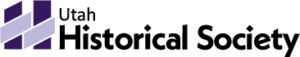 Logo of the Utah Historical Society featuring two purple geometric shapes and the organizations name in bold black and smaller purple text.