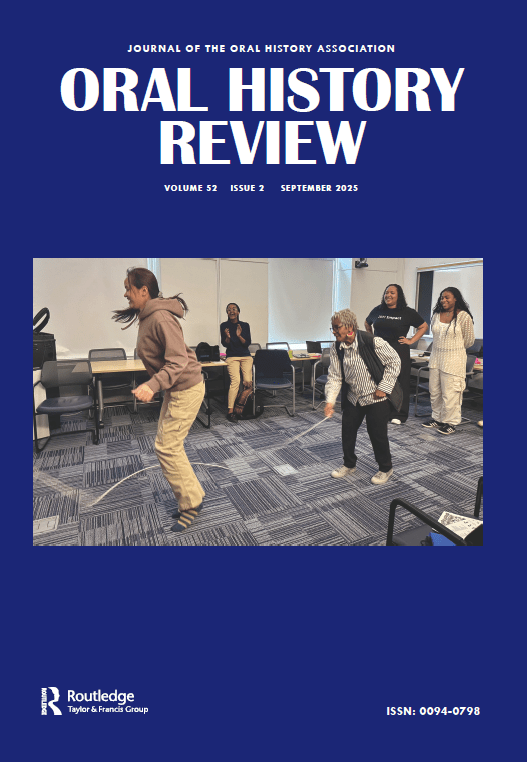 Four women are joyfully jumping double Dutch rope in an office setting, while two others stand and watch. The scene is casual, with desks and chairs in the background. The top text reads ORAL HISTORY REVIEW in bold white letters.