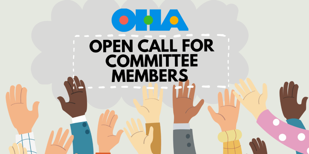 Illustration of diverse hands raised beneath a sign that reads, Open Call for Committee Members, with a colorful logo and a cloud background above the text.