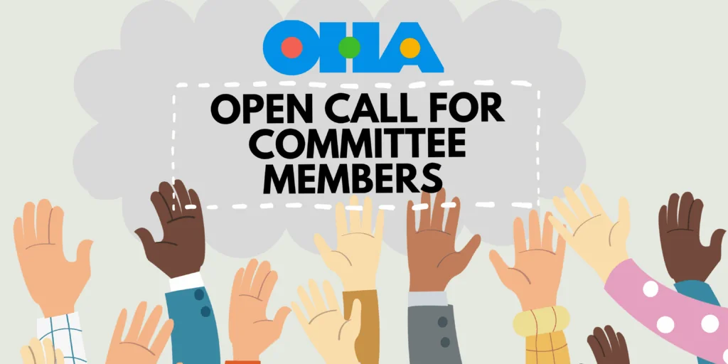 Illustration of diverse hands raised beneath a sign that reads, Open Call for Committee Members, with a colorful logo and a cloud background above the text.