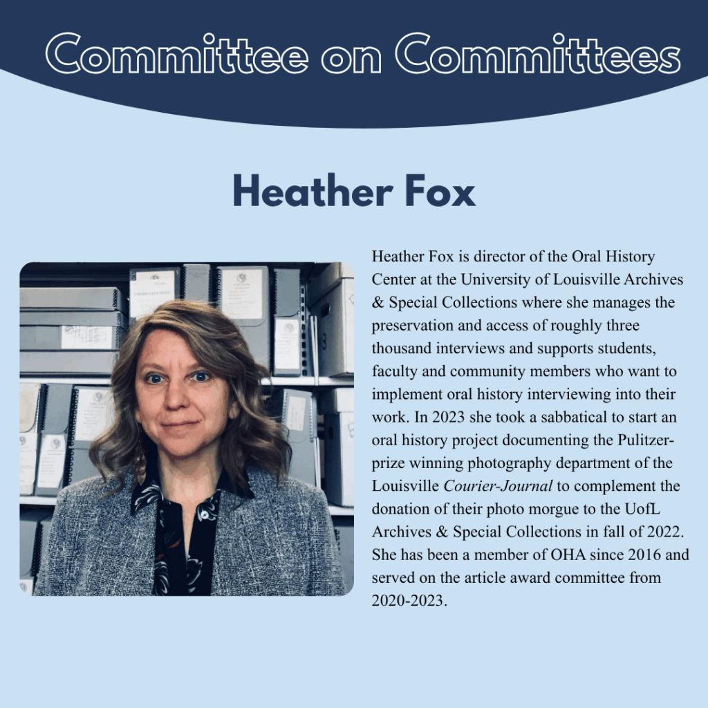 A professional portrait of Heather Fox, who has shoulder-length blonde hair and is wearing a dark blazer, standing in front of shelves filled with archival boxes. Text provides her bio and achievements in oral history.