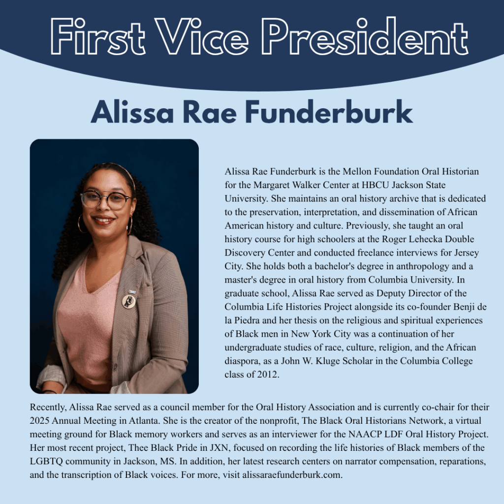 Image of a professional profile for Alissa Rae Funderburk, named First Vice President. It features her headshot and a detailed biography outlining her achievements, education, and contributions to Black history.