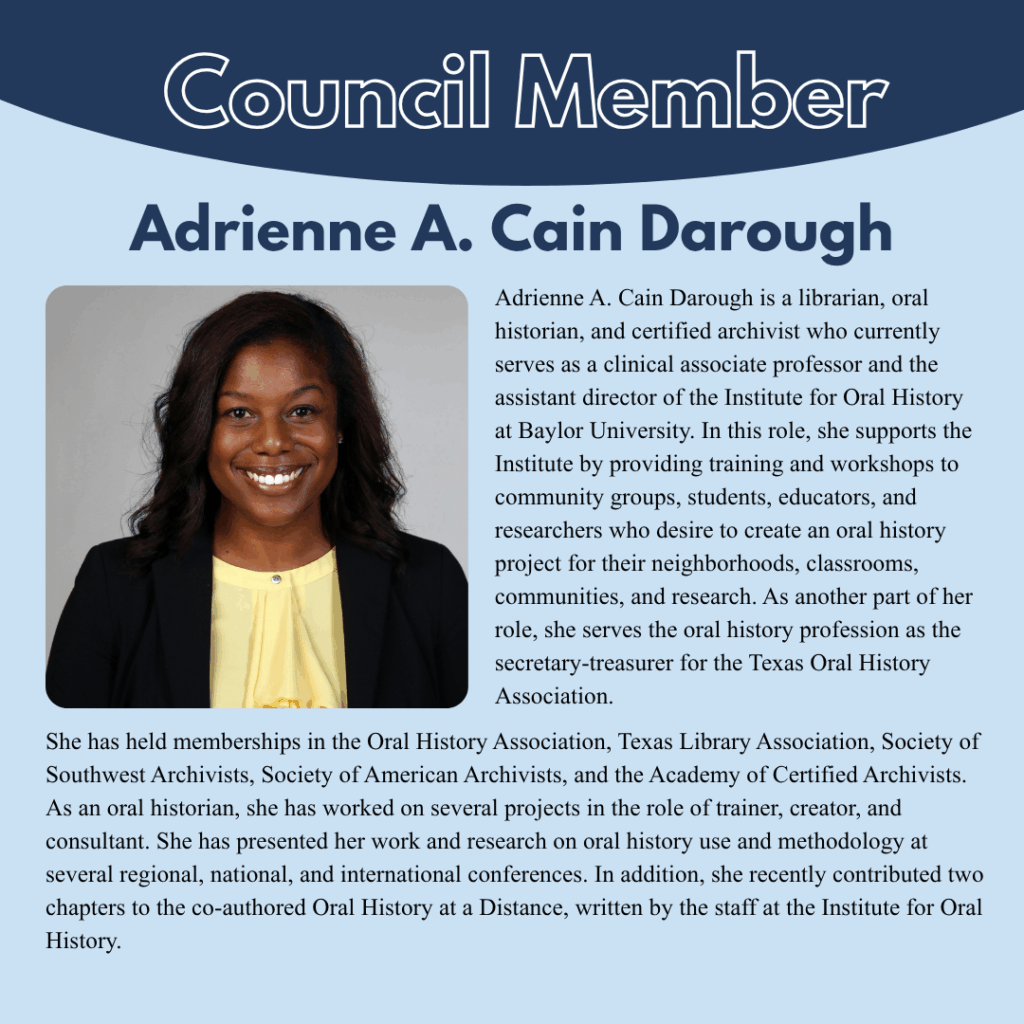 A professional headshot of Adrienne A. Cain Darough is featured next to a detailed biography describing her work as a librarian, oral historian, and educator, along with her professional achievements and affiliations.