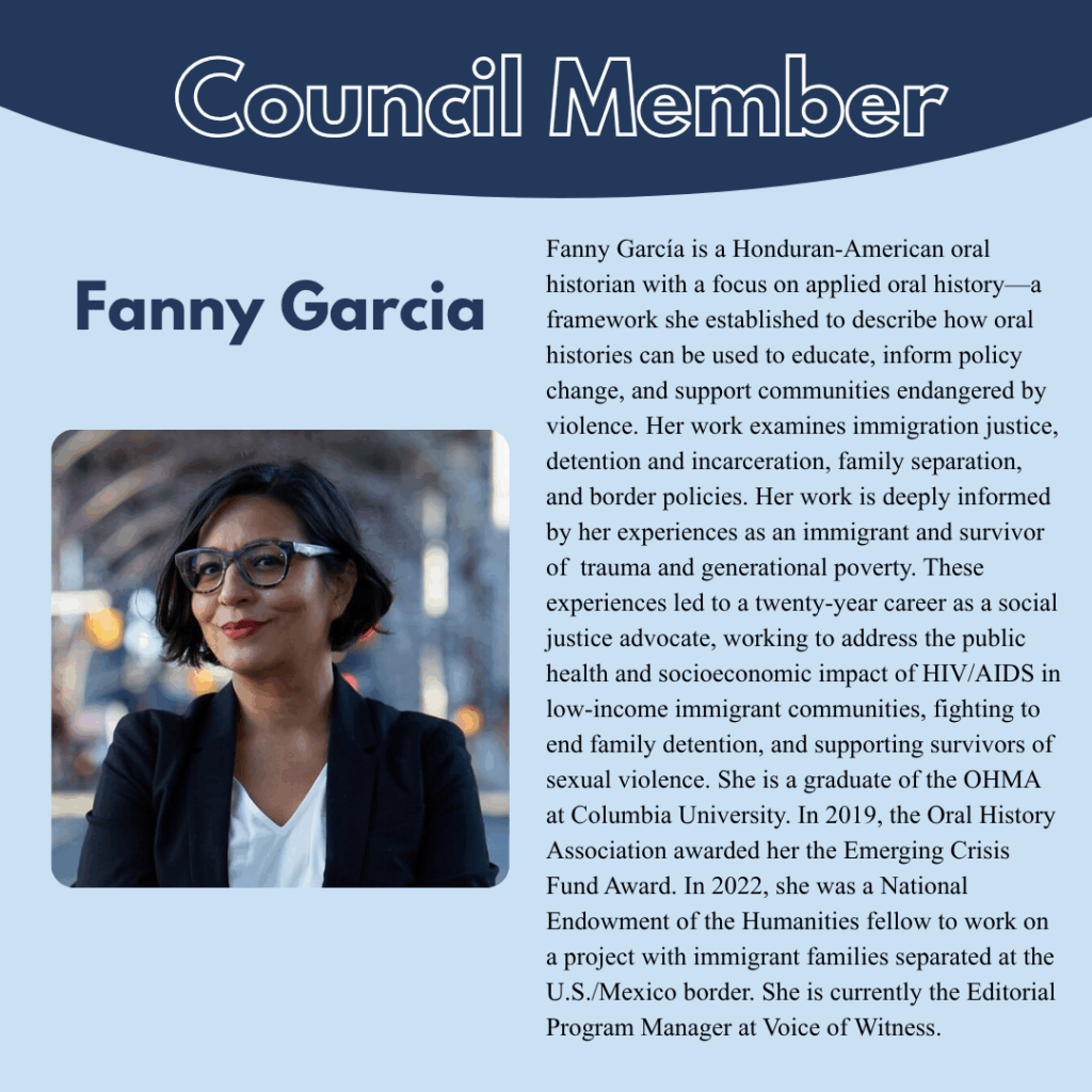 A professionally dressed woman with short dark hair and glasses stands outdoors, smiling. She is identified as Fanny García, an oral historian, with her biography and accomplishments described on a blue background.