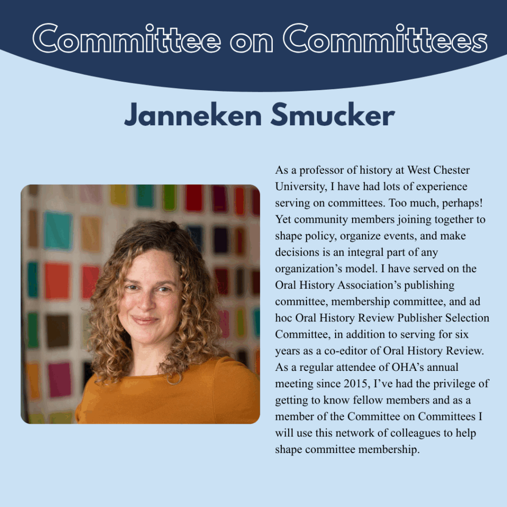 A woman with curly blonde hair, wearing a maroon top, smiles in front of a colorful checkered background. Text describes her experience on academic committees and her role as a professor and committee member.