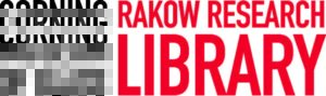 Logo with black text on the left reading Corning Museum of Glass and bold red text on the right reading Rakow Research Library.