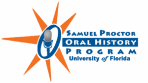 Logo for the Samuel Proctor Oral History Program at the University of Florida. It features an old-fashioned microphone inside an orange starburst, with program name in blue text to the right.