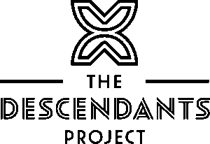 Black and white logo with a bold, geometric X design above the words THE DESCENDANTS PROJECT in stylized, art deco font. Horizontal lines separate THE from the other words.