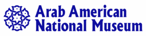 Logo for the Arab American National Museum featuring stylized blue floral geometric art on the left and the museum name in bold blue text on the right.
