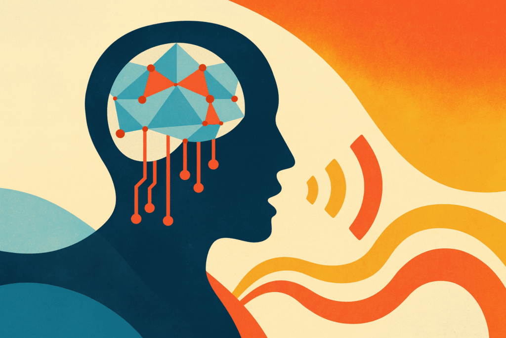 Illustration of a human profile with a geometric brain connected to circuit lines, symbolizing artificial intelligence. Colorful waves emerge from the mouth, representing speech or communication.