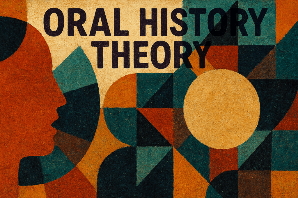 Abstract artwork featuring geometric shapes in earthy tones with the words ORAL HISTORY THEORY in bold black letters. A silhouetted face on the left appears to be speaking toward a circular shape.