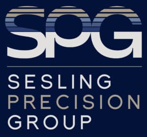 Logo for Sesling Precision Group (SPG) with large SPG letters at the top in white and shades of tan and blue, and the full company name in block letters below on a dark blue background.