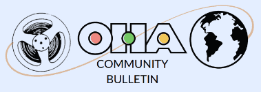 Logo with a film reel on the left, stylized text OHA with colored circles, and a globe on the right. The words Community Bulletin appear below the text. A thin curved line links the reel and globe.