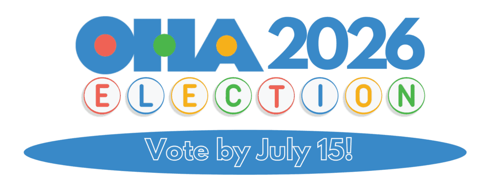 Blue text reads “OHA 2026” and “Vote by July 15!” The word ELECTION is spelled out in colorful circles.
