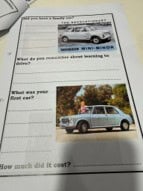 A worksheet with questions about a first car, featuring two images of classic cars—one is a vintage Mini Minor, and the other shows a person standing by a light blue classic car.