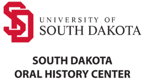 The image shows the University of South Dakota logo above the text South Dakota Oral History Center in bold black letters on a white background.