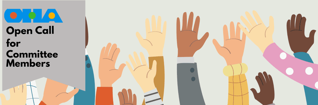 Illustration of diverse raised hands next to a banner reading ONIA Open Call for Committee Members..